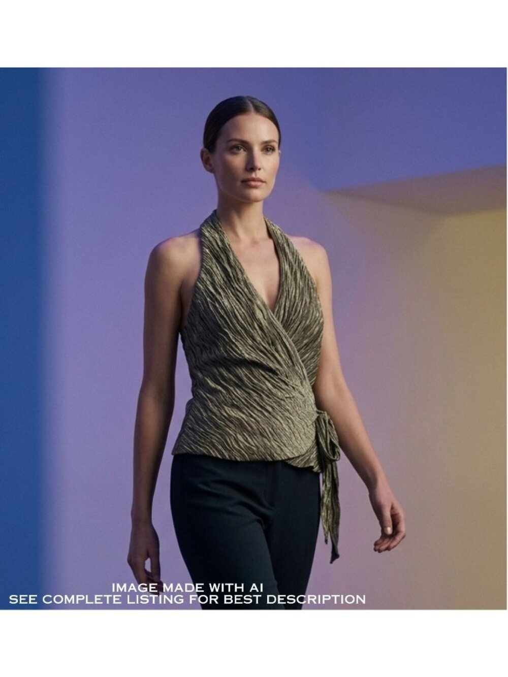 Y2K Ralph Lauren Silk Blend Pleated Wrap Top 12 Halter Gold Lamé Going Out
